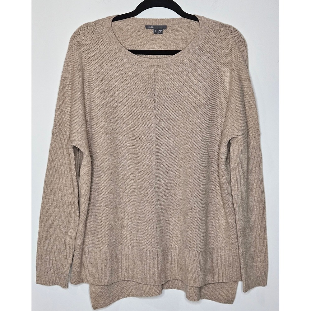 Vince Womens L Yak Wool Blend Chevron Ribbed Oversized Sweater Taupe Minimalist